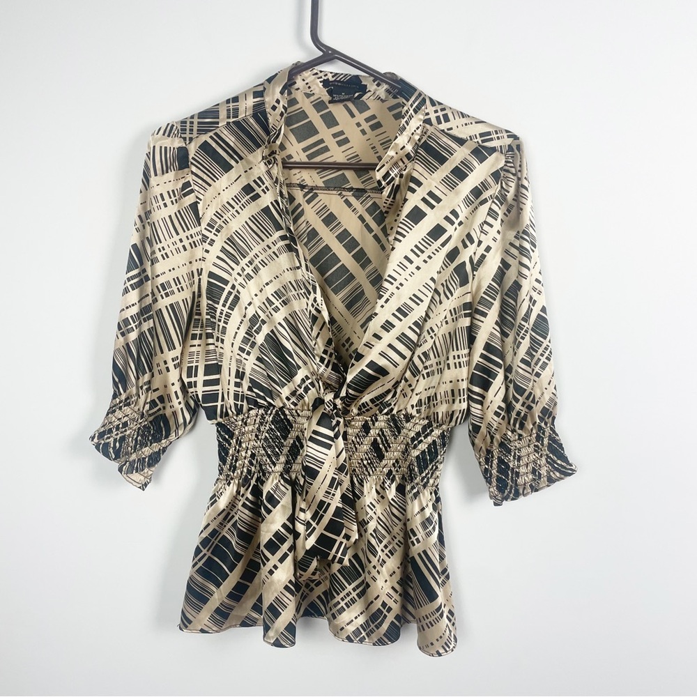 BCBG Max Azria Collared Smocked Peplum Abstract Print Top M